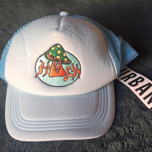 White and Blue Trucker Hat with Mushroom Patch - Picture 4 of 4